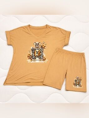 Tan Plus Size Biker Short Set with Leopard Perfume Bottle Graphic